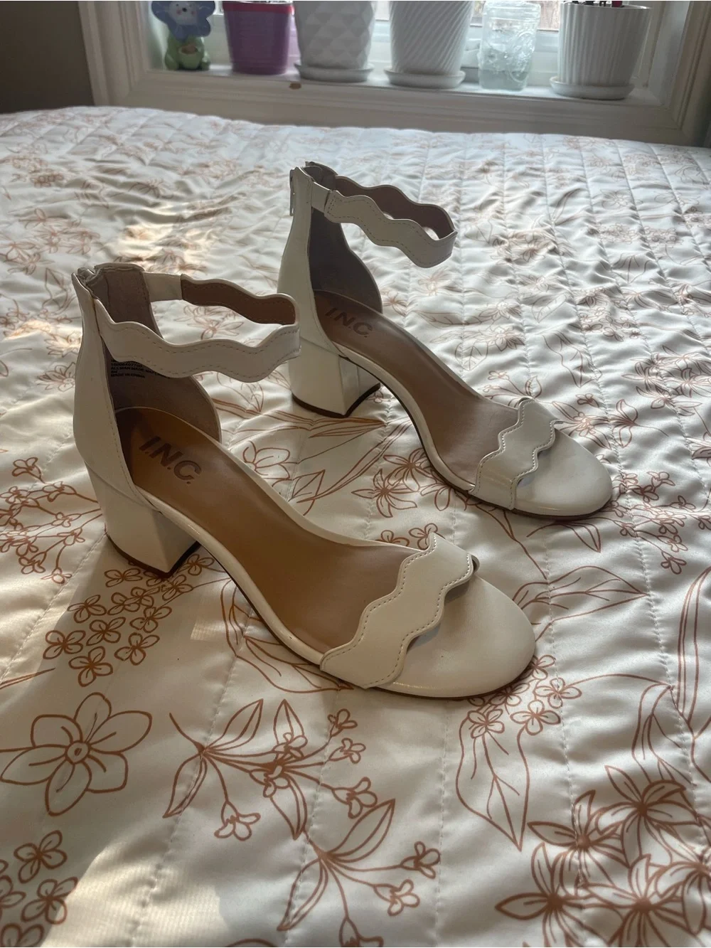 INC International Concepts Cream Scalloped Ankle-Strap Block Heels